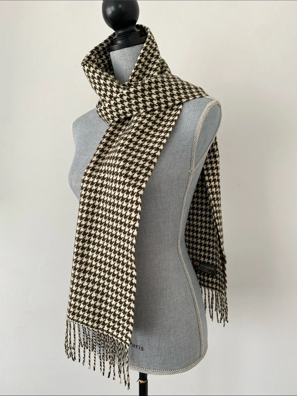 VTG Scotland Made Houndstooth Cashmere Scarf Brown & Cream Soft Academia Preppy
